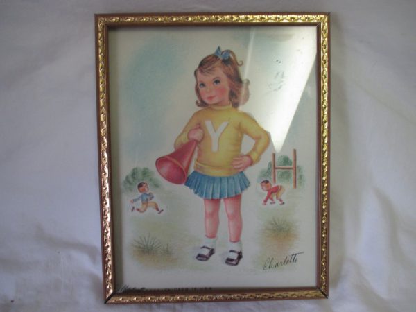 Raised Cheerleader Little Girl Metalworks Chicago 14 USA Little Football players in background Signed Charlotte Wall Art Framed Vivid Colors