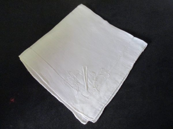 RESERVED Vintage Hanky Handkerchief White Monogrammed V white on white hanky cotton with hemstitch and embroidered flowers 10" x 10"