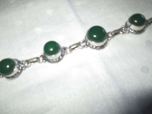 Sterling Silver Bracelet Vintage Green Onyx Stones S clasp adjustable