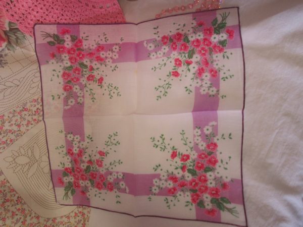 Stunning Mid-century printed cotton Rose & floral Hankie a great accent decorative piece12