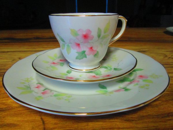 Stunning Pink Floral Tea Cup Saucer and Dessert Plate Crown Duchess Bone China England 3 pieces