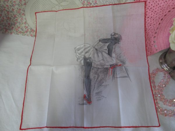 Stunning Prettiest Ever New Old Stock Handkerchief Hankie Ballerina Super Detail Spain Gray and Red Collectible shabby chic display 12"x12"