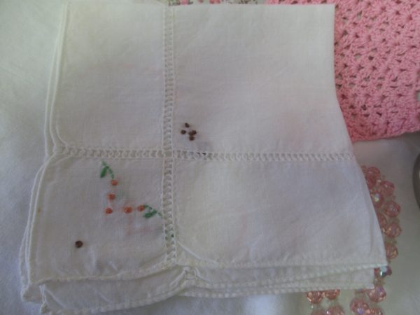Very pretty Cotton Hemstitched hanky handkerchief multi-color embroidered flowers collectible display shabby chic home decor wedding shower