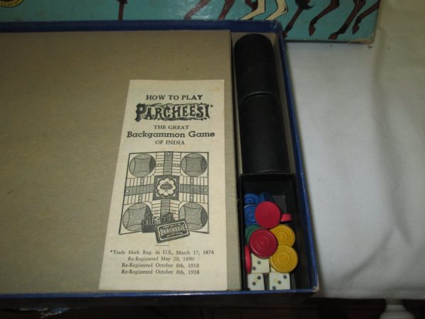 Vintage 1938 Parcheeesi A Royal Game of India with instruction playing pieces and dice Selchow & Righter U.S.A.