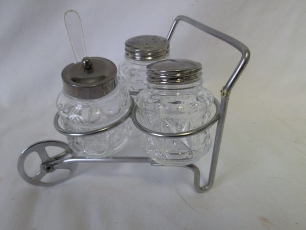 Vintage 1950's condiment set salt pepper jelly mustard jar set in wheeled cart glass jars with metal lids plastic spoon in condiment jar