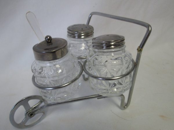 Vintage 1950's condiment set salt pepper jelly mustard jar set in wheeled cart glass jars with metal lids plastic spoon in condiment jar