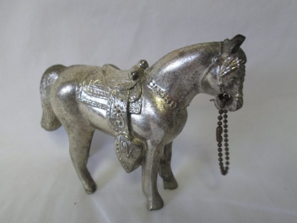 Vintage 1950's Metal Fair Prize Horse Mid Century Silver tone with keychain rope through mouth 6" across 4 1/4" tall