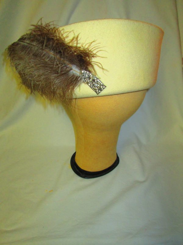 Vintage Aldolpho II New York Paris Hat Wool Women's Pillbox with feathers Ivory 100% Wool