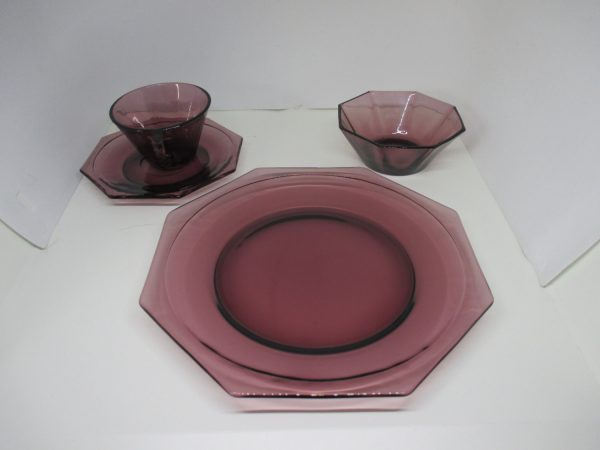 Vintage Amethyst Glass Place Setting Tea cup saucer dessert fruit bowl luncheon plate Complete Purple Dining Snack set