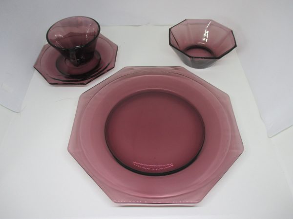 Vintage Amethyst Glass Place Setting Tea cup saucer dessert fruit bowl luncheon plate Complete Purple Dining Snack set