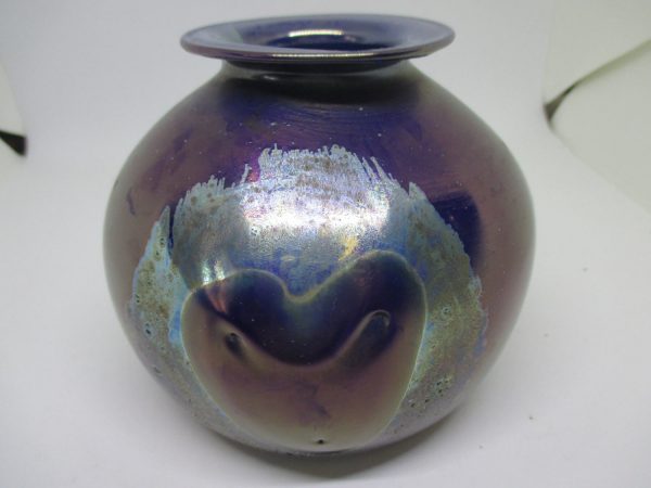 Vintage Art Glass Cobalt blue mixture Iridescent Vase Signed Mettier Home Decor Mid Century Style Ball vase Collectible display