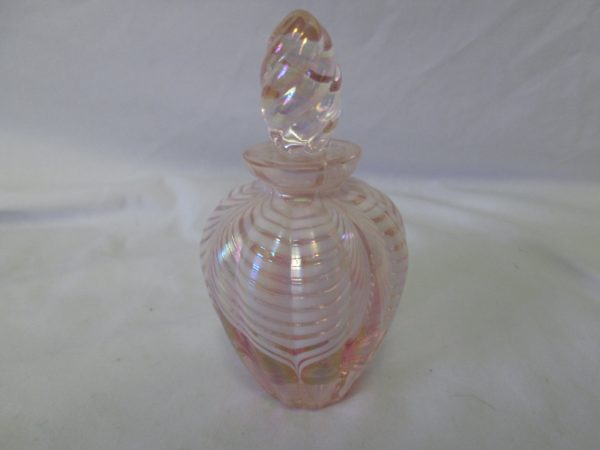 Vintage Art Glass perfume bottle with ground glass stopper Pink with white swirl pattern iridescent vanity dresser jar hand crafted