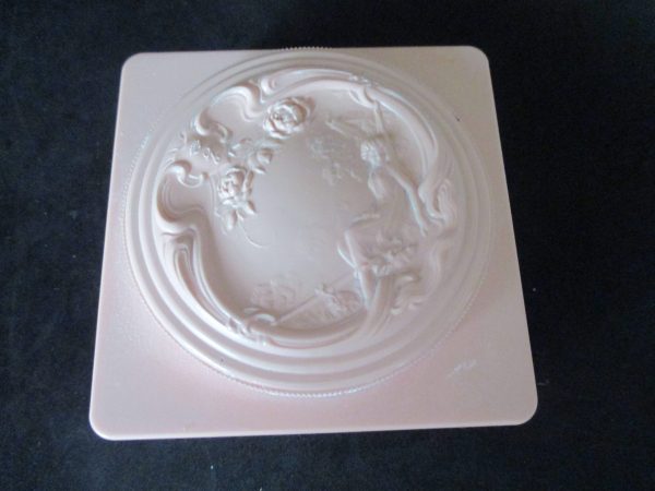 Vintage Art Nouveau pink powder box hard plastic detailed lid display vanity collectible bathroom dresser tv movie prop