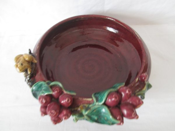 Vintage Artisan Made hand crafted pottery bowl with Frog and berries raised around the rim Very stunning pottery