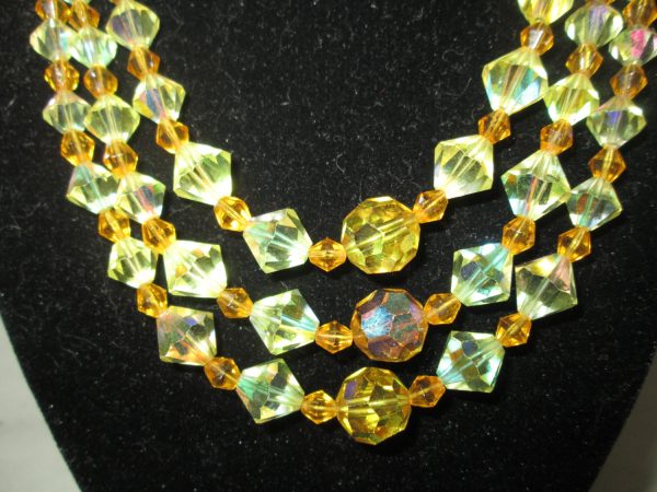 Vintage Beautiful 3 Strand Large Beads Austrian Crystal Necklace Multi faceted crystals colorful yellow and gold color Stunning!!