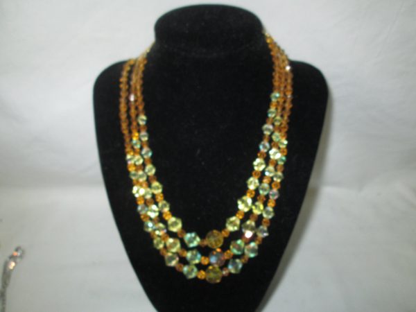 Vintage Beautiful 3 Strand Large Beads Austrian Crystal Necklace Multi faceted crystals colorful yellow and gold color Stunning!!