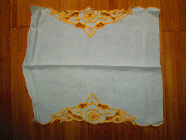 Vintage Beautiful Linen with machine embroidered floral cut work on both ends gold and white linen dresser scarf table topper