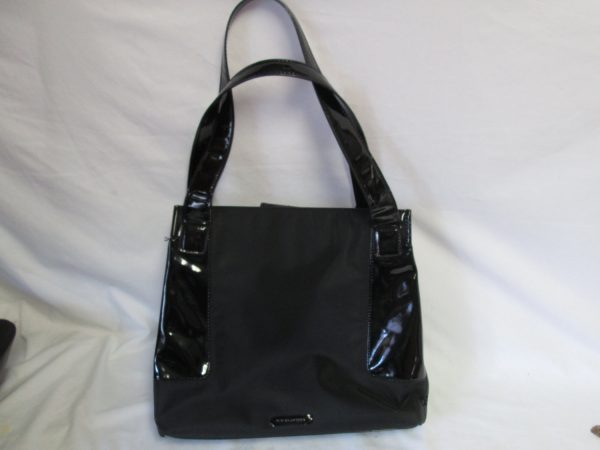 Vintage Black top handle bag Fabric and Patent Leather Nine & Co. Tote Overnight Cosmetic Handbag Lots of Pockets