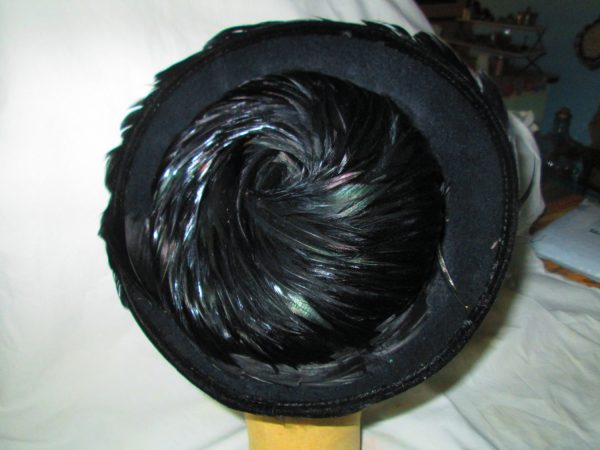 Vintage Black wool with Feather Hat Wide Brim Milbrae Hat USA Mid Century