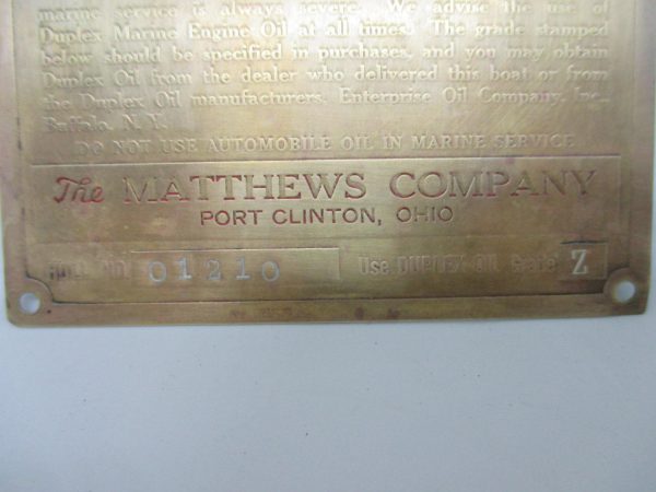 Vintage Brass Hull Plaque Matthews Stock Cruiser The Matthews Company Port Clinton, OH Boat Plaque 01210 Marine Nautical Advertisment
