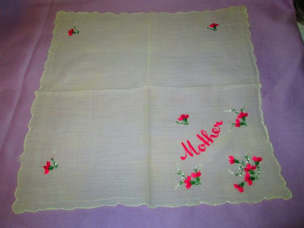 Vintage Bright Pink Ebroidered Mother hanky scalloped edge Embroidered Thistle Pink collectible scalloped edge shabby chic decor
