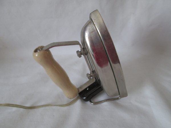 Vintage British made Iron Working!! travel iron metal with wood handle collectible display sewing accessory