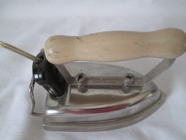 Vintage British made Iron Working!! travel iron metal with wood handle collectible display sewing accessory