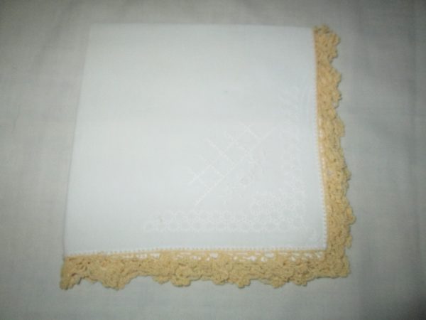 Vintage Cotton Handkerchief with yellow hand crochet trim cotton shabby chic collectible display cottage hanky hand crocheted trim