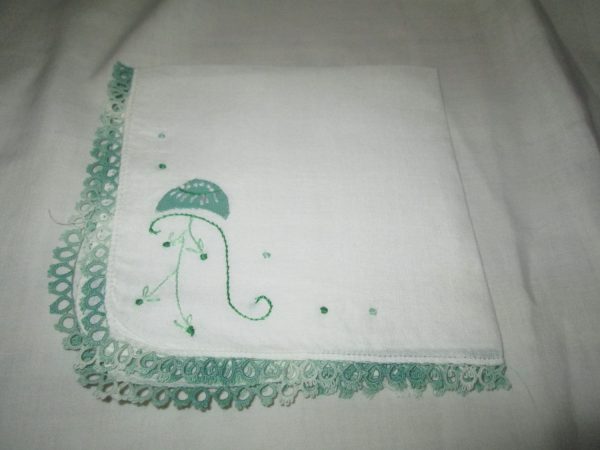 Vintage Cotton Hankie with green applique, crochet and tatted edge Very neat old handkerchief collectible shabby chic cotton display