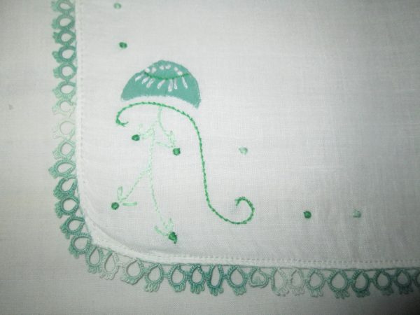 Vintage Cotton Hankie with green applique, crochet and tatted edge Very neat old handkerchief collectible shabby chic cotton display