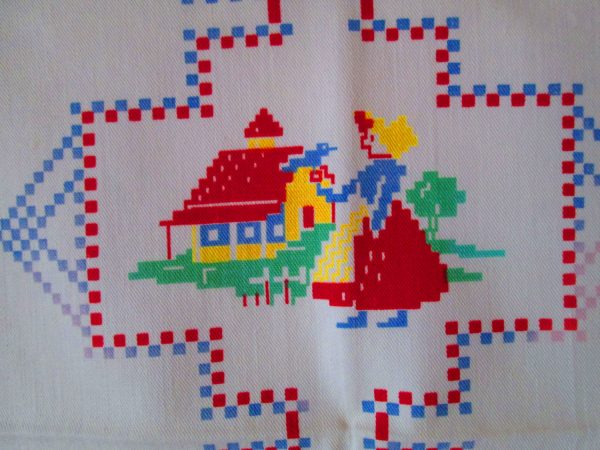 Vintage Cotton Printed Kitchen Towel Vivid Colors Folk art pattern home made vintage kitchen decor