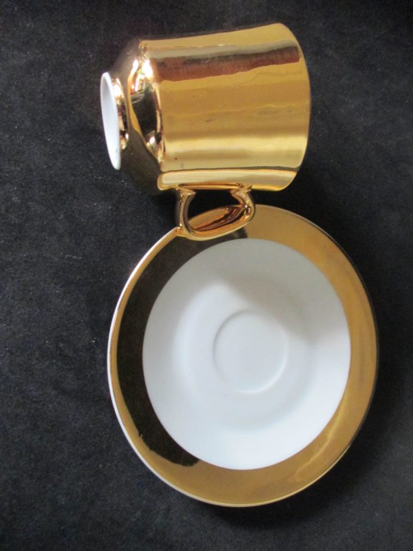 Vintage demitasse tea cup and saucer Czech fine china gold and white cottage collectible display shabby chic 24kt gold