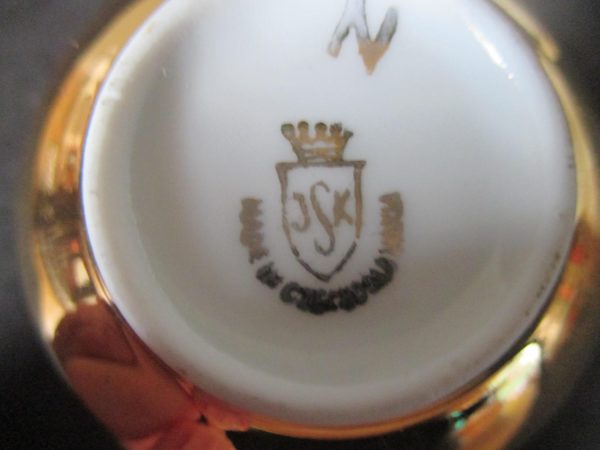 Vintage demitasse tea cup and saucer Czech fine china gold and white cottage collectible display shabby chic 24kt gold