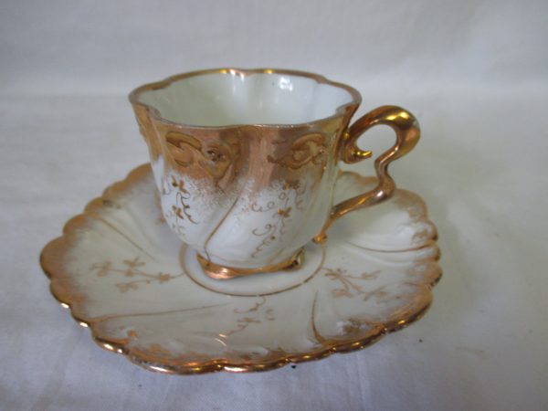 Vintage demitasse tea cup and saucer white with gold trim nice tiny detailed flowers