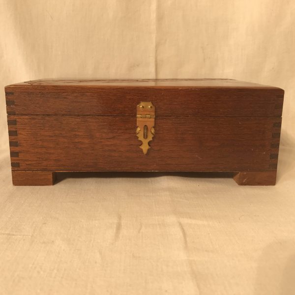 Vintage Dovetail Storage Jewelry Box footed with latch carved lid folk art