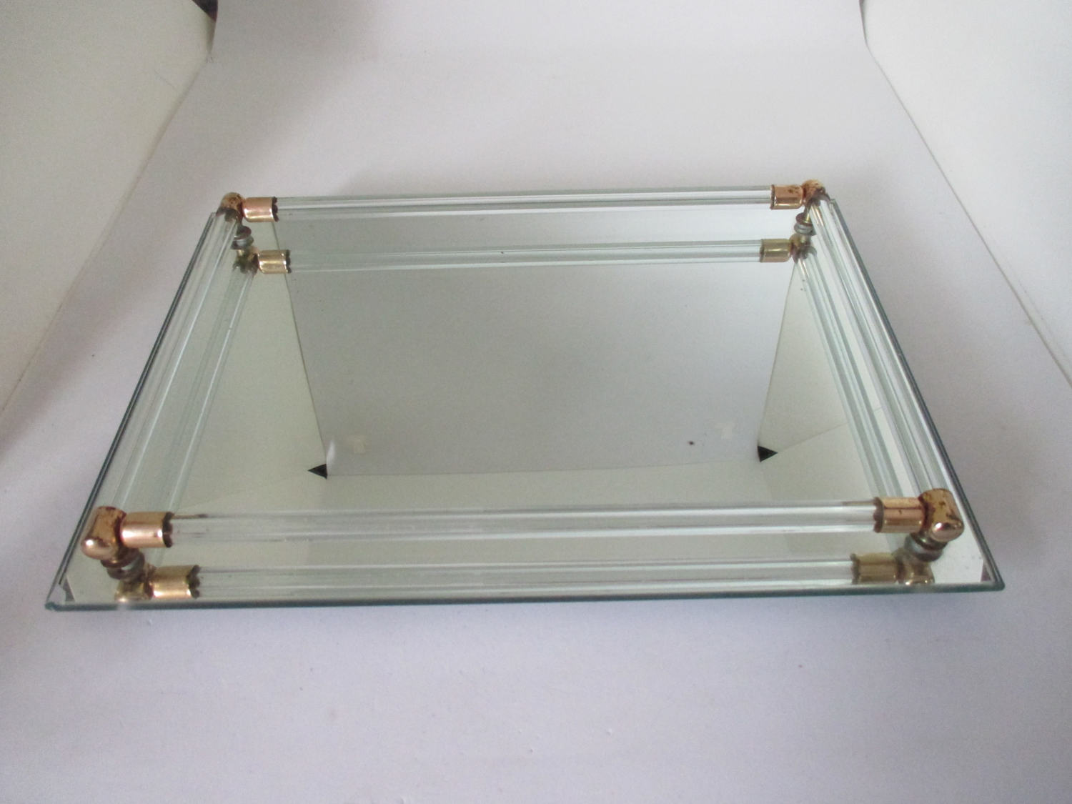 Vintage Dresser Vanity Tray Mirrored Glass With Glass Rods Arund