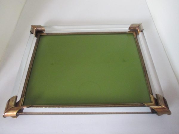 Vintage Dresser Vanity Tray Olive Green glass with glass rods arund edges brass corners Collectible display perfume tray
