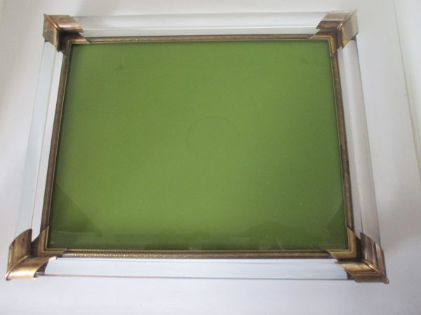 Vintage Dresser Vanity Tray Olive Green glass with glass rods arund edges brass corners Collectible display perfume tray