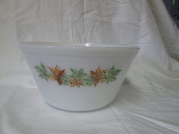 Vintage Federal Glass Milk Glass Bowl Green and Brown Leaves Large Mixing Bowl