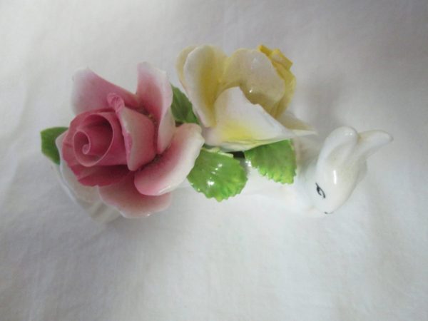 Vintage Fine Bone China Flowers on log with rabbit pink and yellow roses