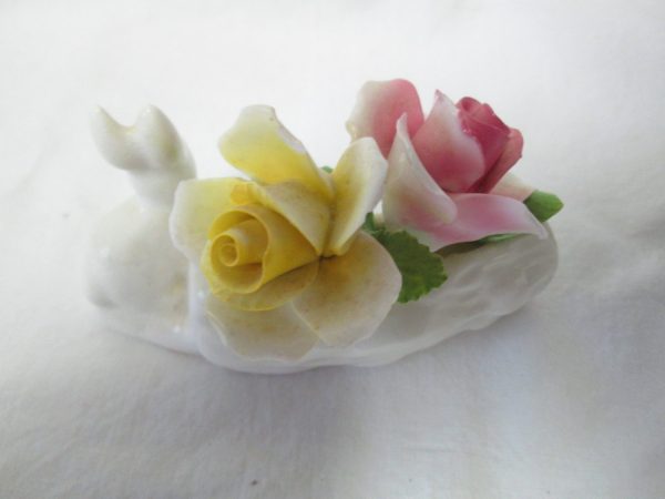 Vintage Fine Bone China Flowers on log with rabbit pink and yellow roses