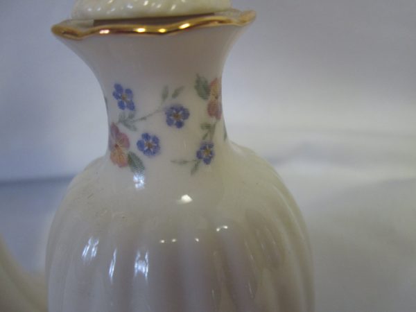 Vintage fine bone china Lenox Perfume bottle with matching vase trimmed in flowers at top, fine china stopper