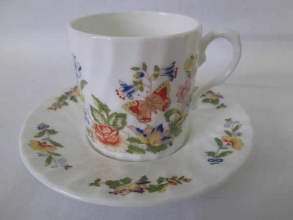 Vintage Fine China Demitasse Tea Cup & Saucer Aynsley Cottage Garden Butterflies flowers dark blue orange peach yellow pink