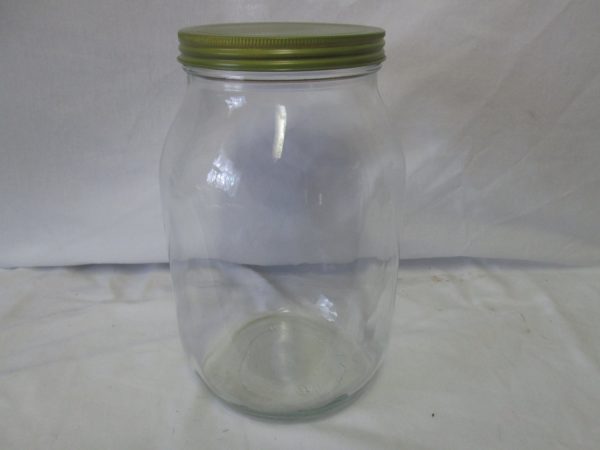 Vintage glass kitchen storage Jar green metal lid 1 gallon marbles, display, buttons, collectibles, dog cat treats and More farmhouse