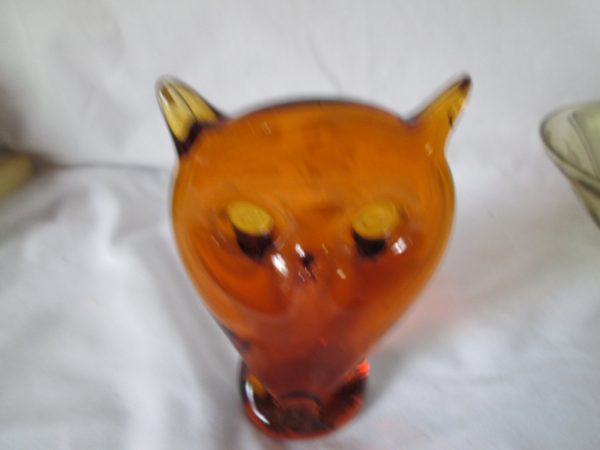 Vintage glass owl figurine home decor collectible paperweight blown glass amber Mid Century Modern
