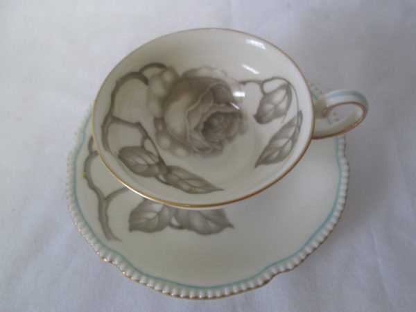 Vintage Gloria USA Castleton China Demitasse Tea cup and saucer Blue Rim Gold trim Ivory with Taupe