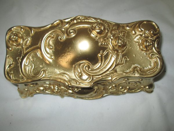 Vintage Gold Metal Ornate Coffin Box Jewelry box lined