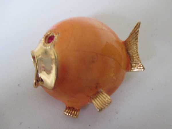 Vintage Gold tone KJL enameled Open Mouth orange pin brooch vintage costume jewelry gold trim enameled body