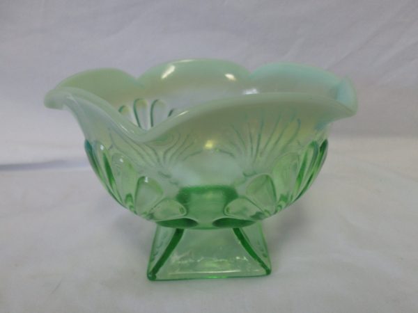 Vintage Green Opalescent Decorative depression glass pedestal bowl compote