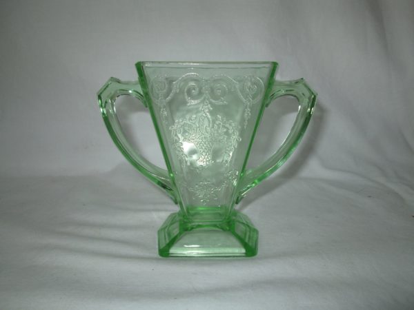 Vintage Green Uranium Glass double handle vase square with pattern glows bright green under black light
